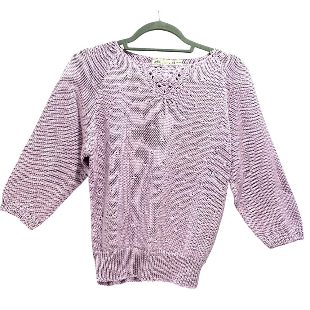 Vintage Scenario Lavender Knit Sweater V-Neck Crochet‎ Trim Purple L Pastel